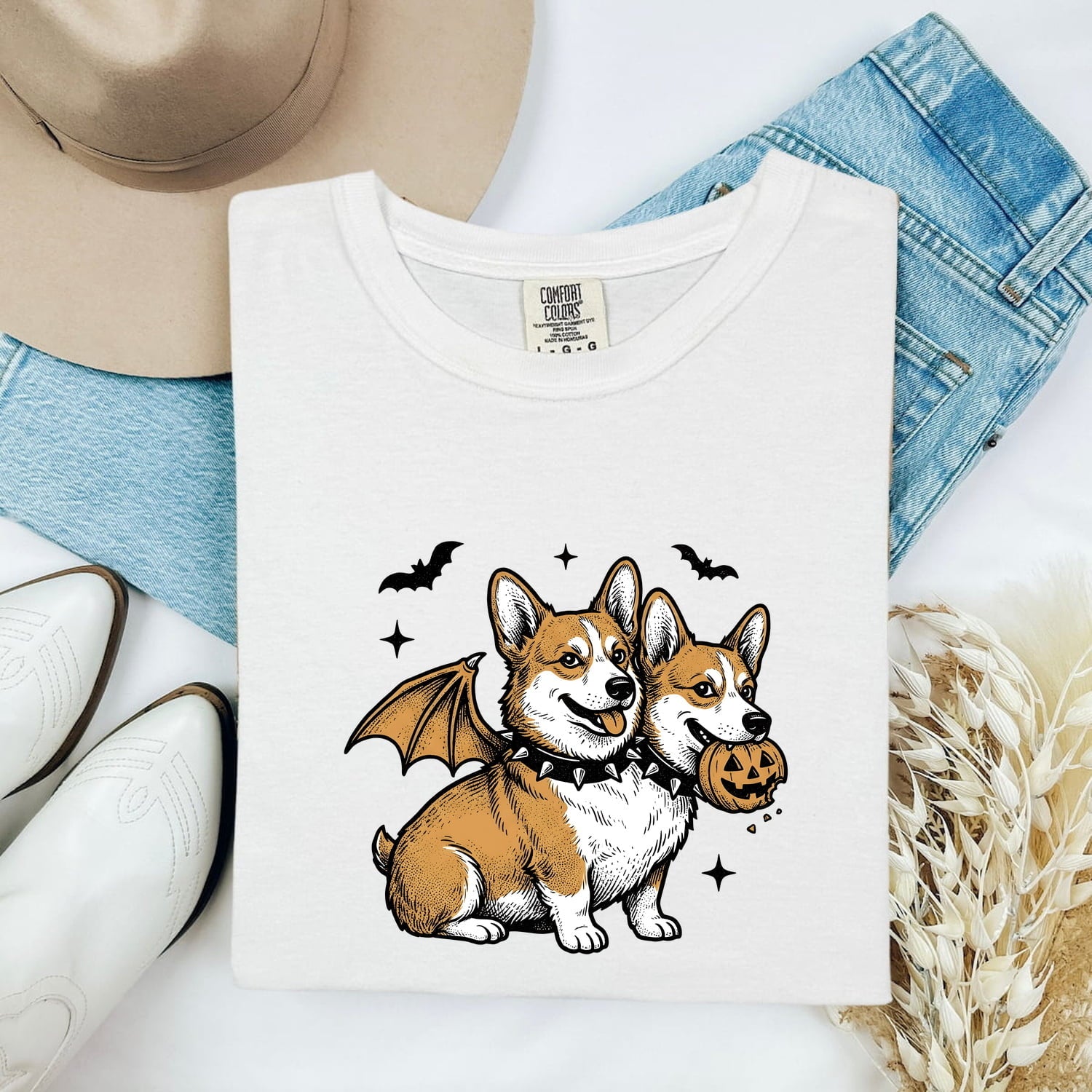Corgi Pet Shirt Halloween Animal Gift Women Line Art Tee Dog T-Shirt Horror Fan Illustration Graphic Tshirt Cartoon Gourd Tshirt