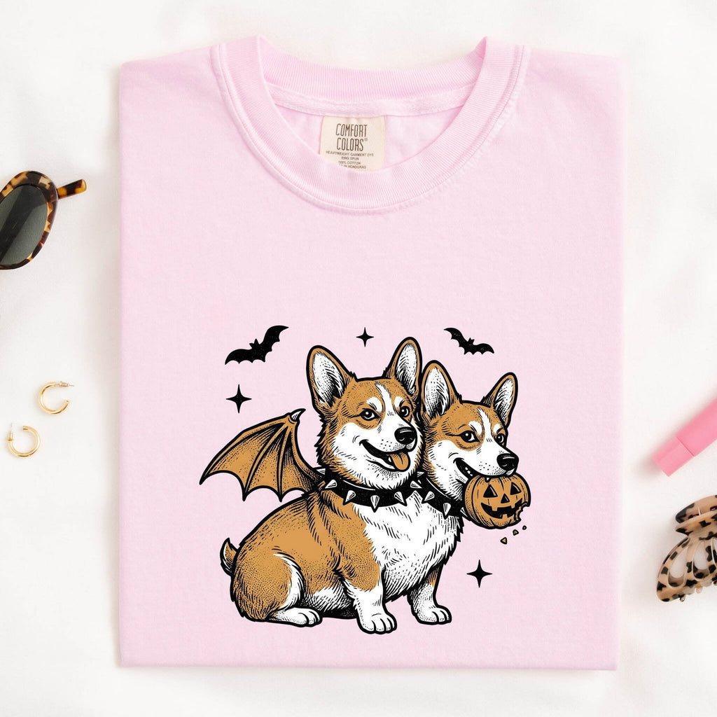 Corgi Pet Shirt Halloween Animal Gift Women Line Art Tee Dog T-Shirt Horror Fan Illustration Graphic Tshirt Cartoon Gourd Tshirt