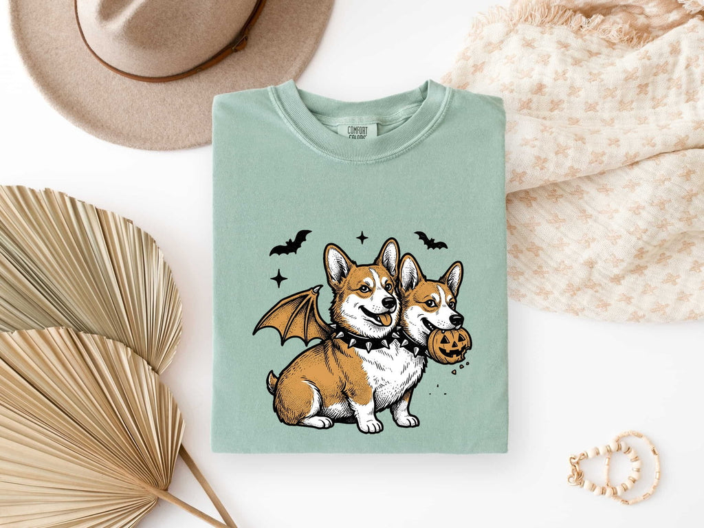 Corgi Pet Shirt Halloween Animal Gift Women Line Art Tee Dog T-Shirt Horror Fan Illustration Graphic Tshirt Cartoon Gourd Tshirt