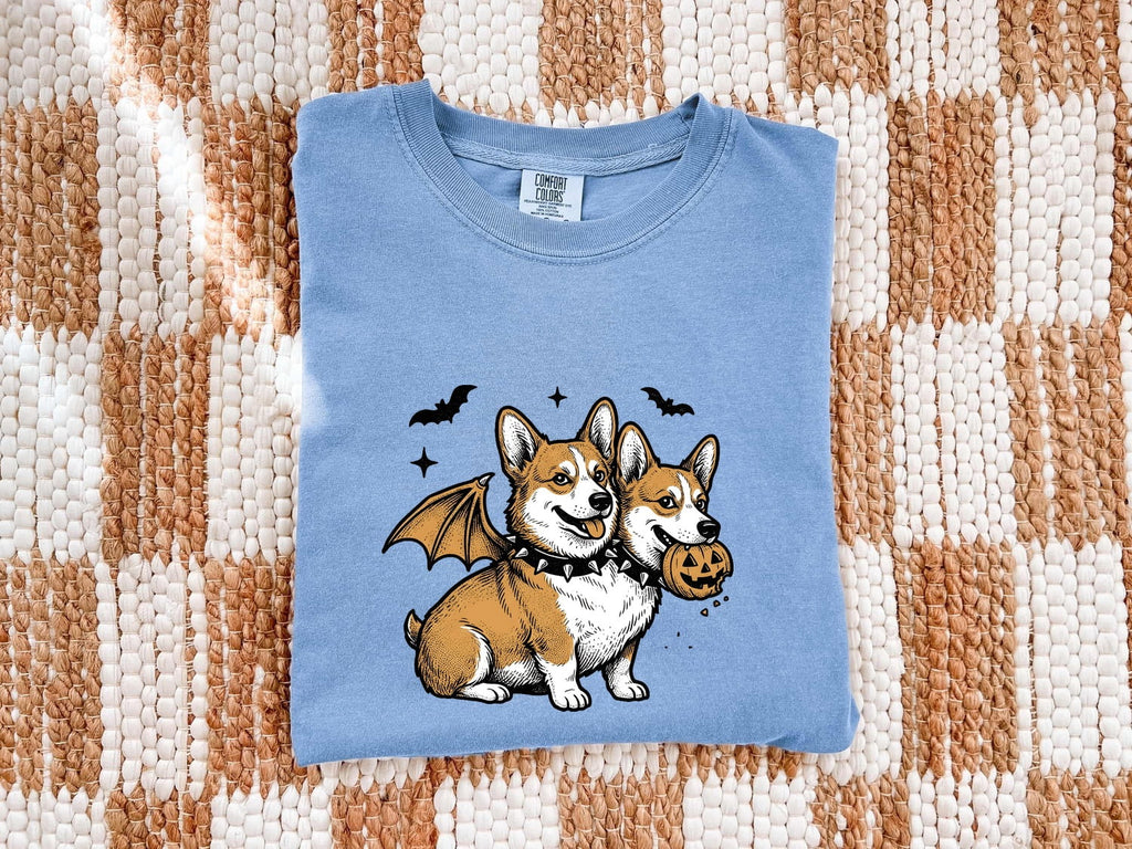 Corgi Pet Shirt Halloween Animal Gift Women Line Art Tee Dog T-Shirt Horror Fan Illustration Graphic Tshirt Cartoon Gourd Tshirt