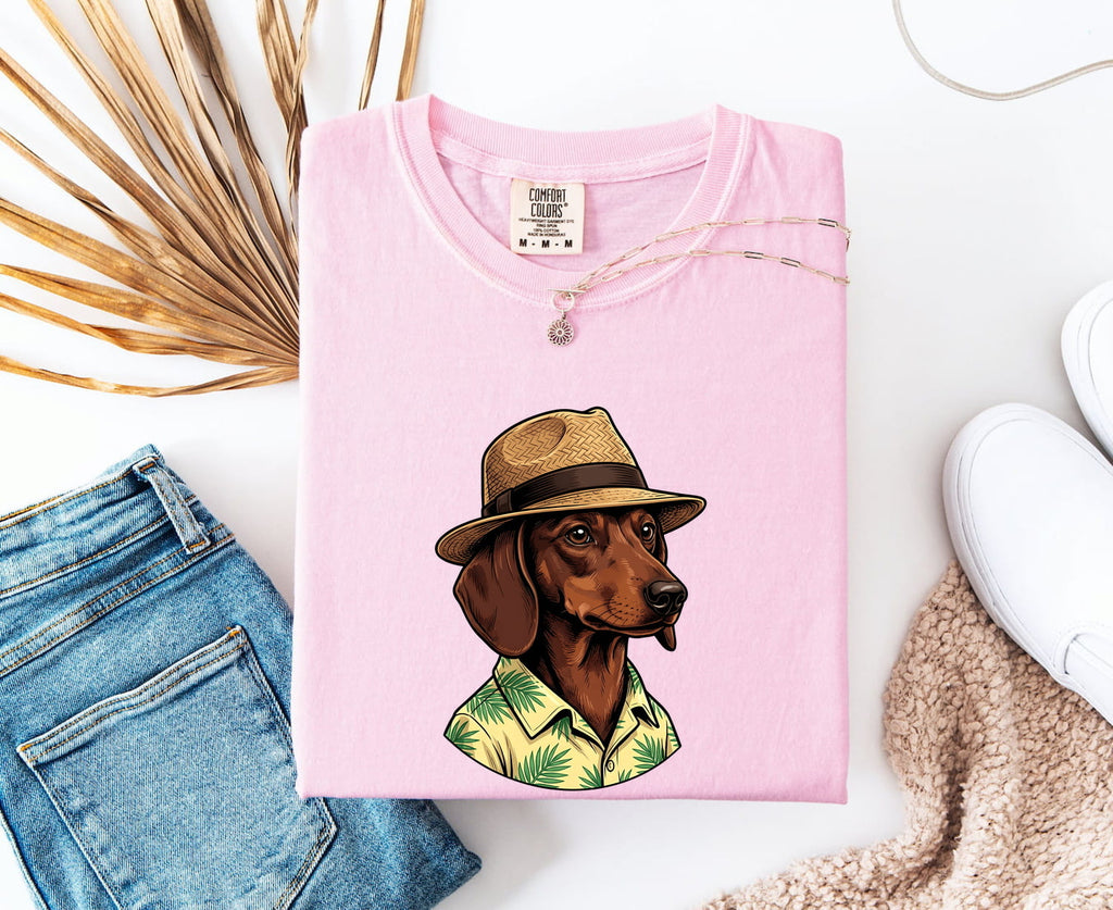 Dachshund Pet Shirt Dog Travel Gift Women Vector Tee Wiener Dog T-Shirt Dog Fan Digital Graphic Travel Illustration Hand Drawn Beach Hat