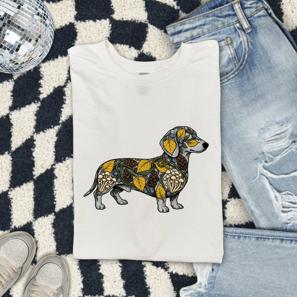 Dachshund Pet Shirt Dog Outdoors Gift Women Leaf Art Tee Wiener Dog T-Shirt Dog Fan Nature Graphic Tshirt Line Art Greenery Tshirt