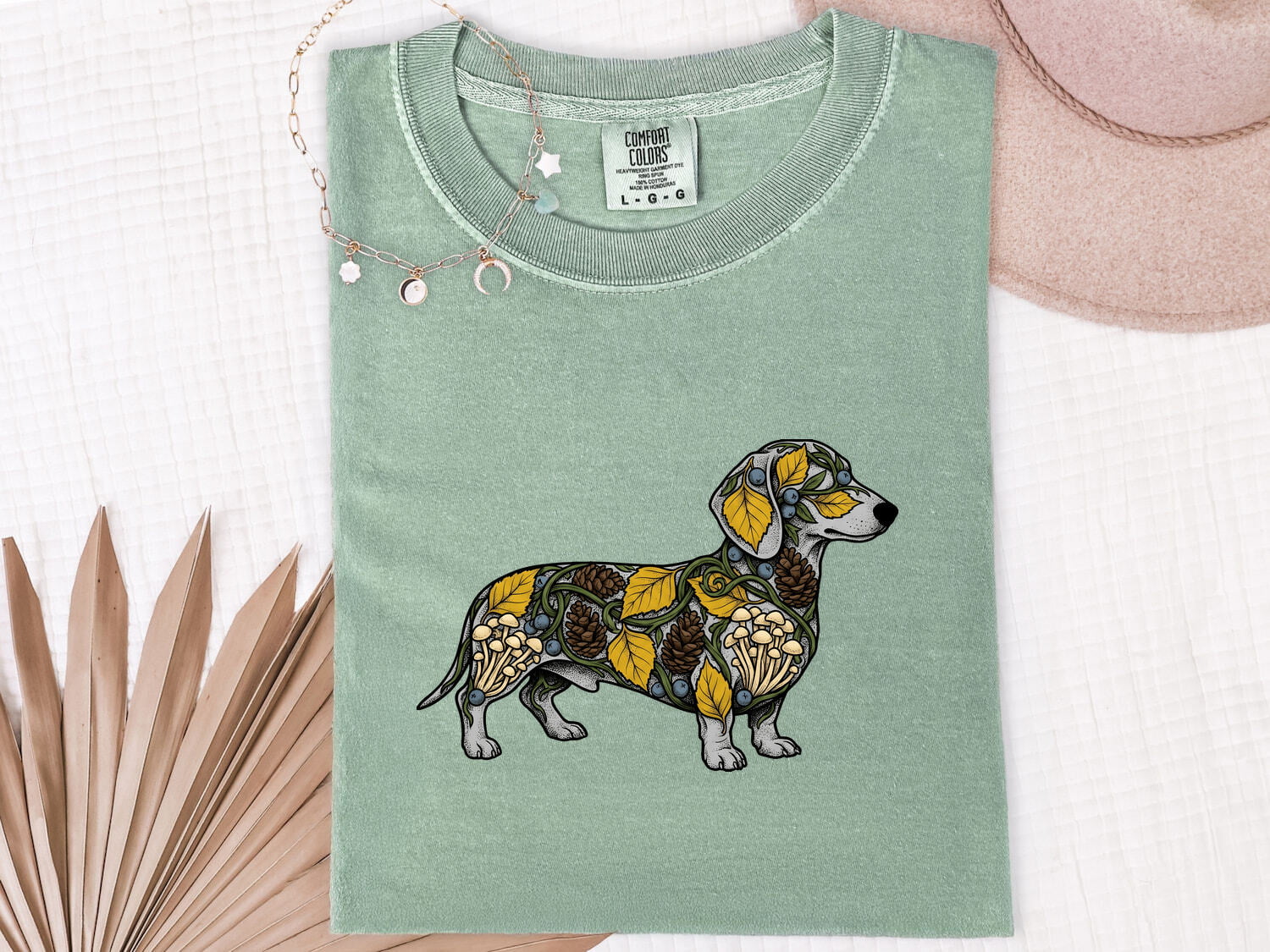Dachshund Pet Shirt Dog Outdoors Gift Women Leaf Art Tee Wiener Dog T-Shirt Dog Fan Nature Graphic Tshirt Line Art Greenery Tshirt