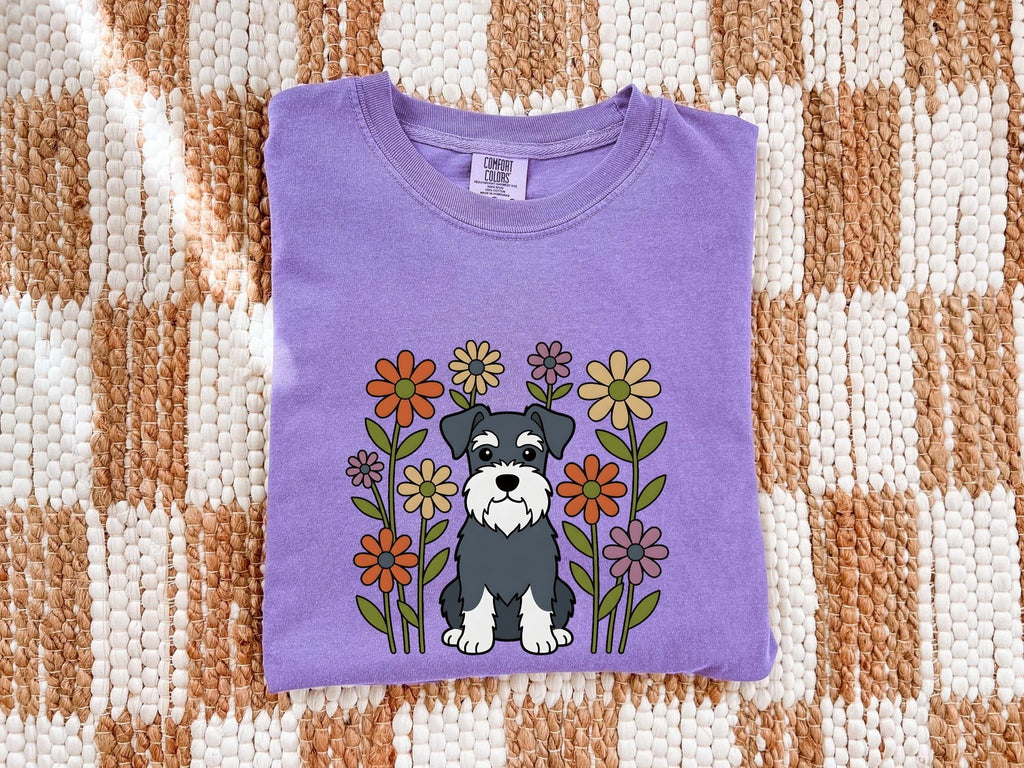 Schnauzer Pet Shirt Dog Botanical Gift Women Animated Tee Dog T-Shirt Dog Fan Cartoon Tshirt Floral Graphic Doodle Floral Bouquet Tshirt