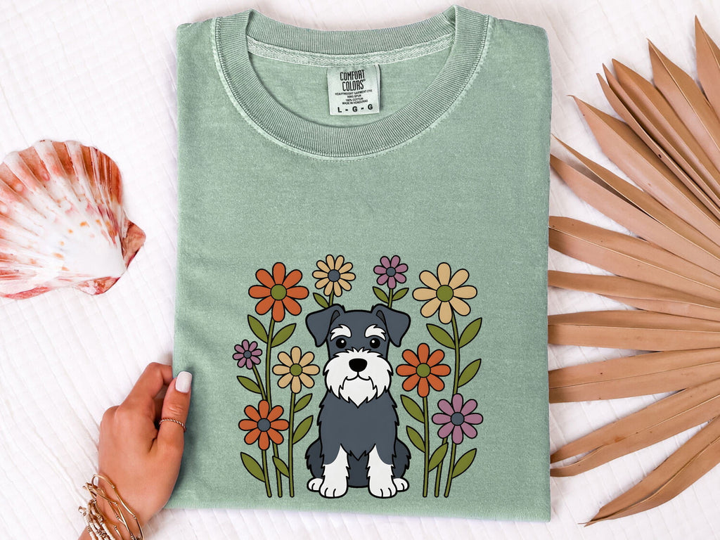 Schnauzer Pet Shirt Dog Botanical Gift Women Animated Tee Dog T-Shirt Dog Fan Cartoon Tshirt Floral Graphic Doodle Floral Bouquet Tshirt