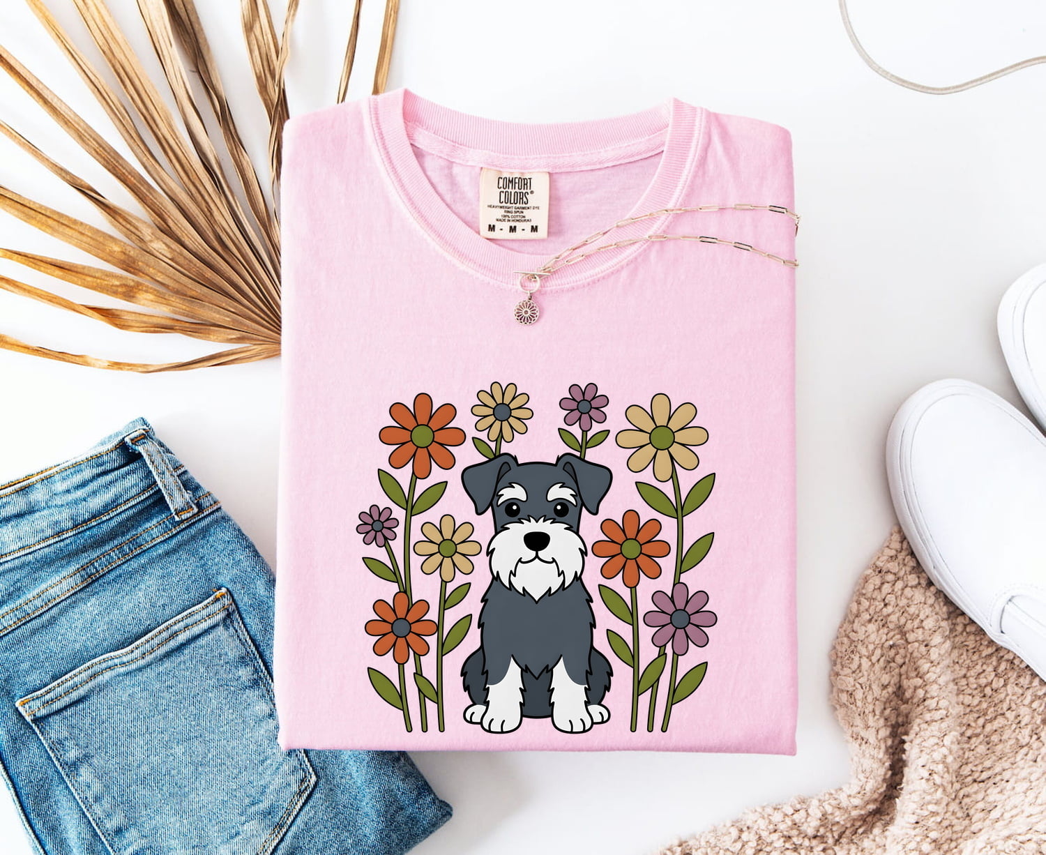 Schnauzer Pet Shirt Dog Botanical Gift Women Animated Tee Dog T-Shirt Dog Fan Cartoon Tshirt Floral Graphic Doodle Floral Bouquet Tshirt