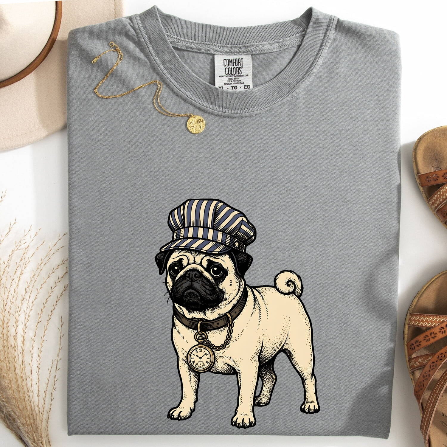 Pug Pet Shirt Dog Wildlife Gift Women Classic Tee Pug T-Shirt Dog Fan Vintage Tshirt Wildlife Illustration Ink Drawing Vintage Clock Tshirt