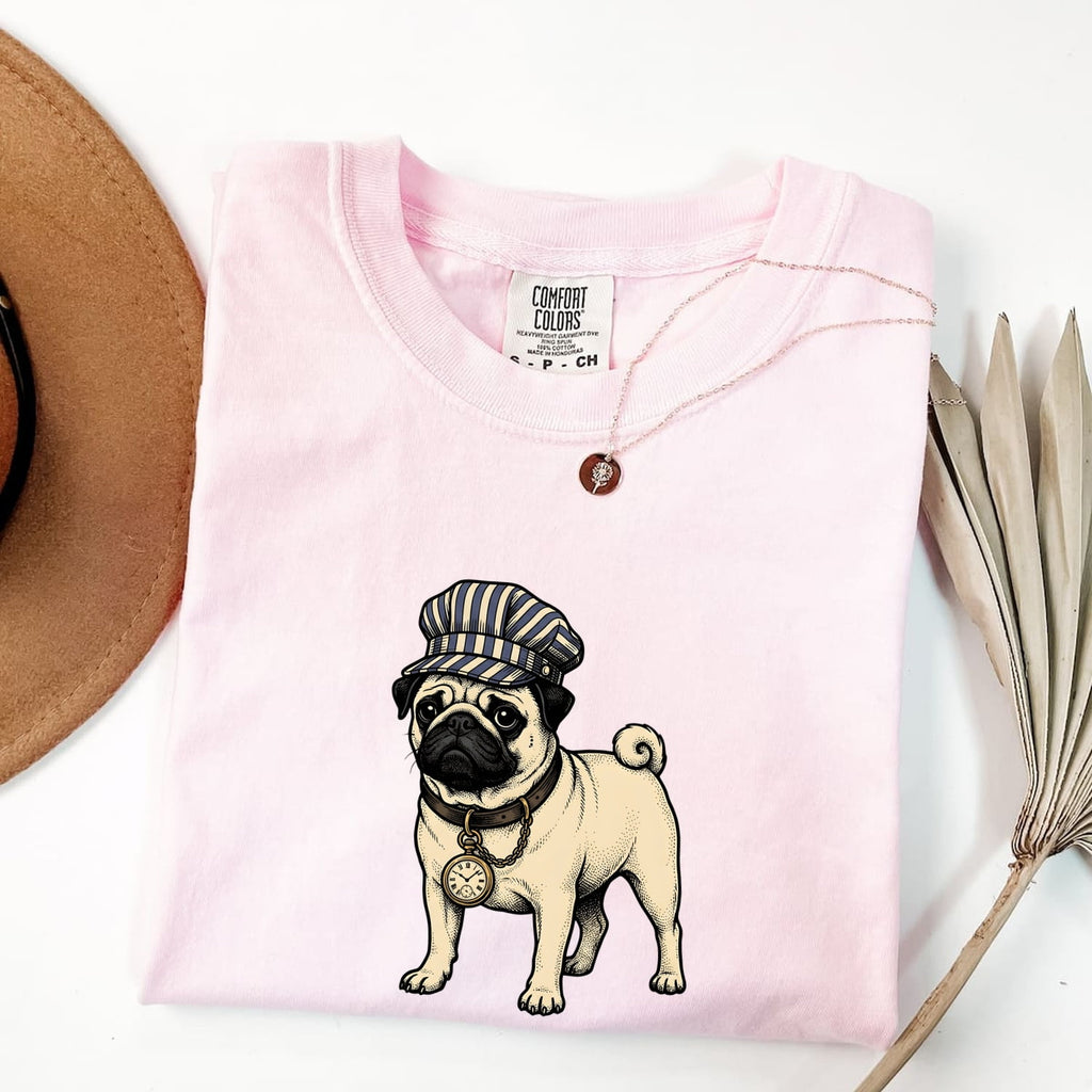 Pug Pet Shirt Dog Wildlife Gift Women Classic Tee Pug T-Shirt Dog Fan Vintage Tshirt Wildlife Illustration Ink Drawing Vintage Clock Tshirt