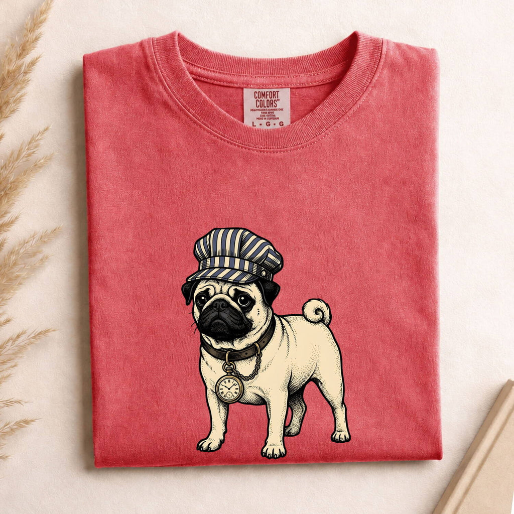 Pug Pet Shirt Dog Wildlife Gift Women Classic Tee Pug T-Shirt Dog Fan Vintage Tshirt Wildlife Illustration Ink Drawing Vintage Clock Tshirt