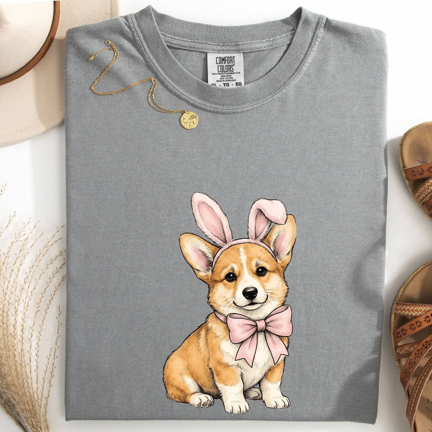 Corgi Pet Shirt Easter Animal Gift Women Cartoon Tee Puppy T-Shirt Spring Fan Dog Graphic Illustration Line Art Bunny Headband Tshirt