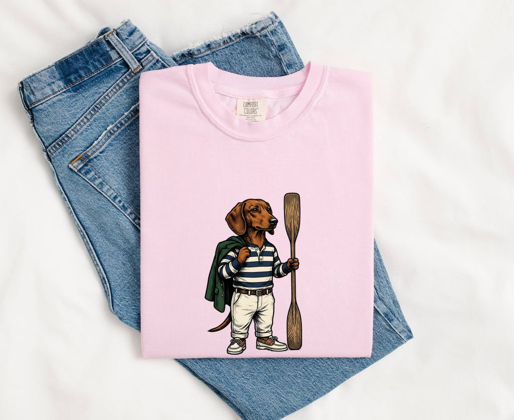 Dachshund Pet Shirt Dog Hiking Gift Women Distressed Tee Wiener Dog T-Shirt Dog Fan Vintage Tshirt Trekking Graphic Ink Drawing Canoe Paddle