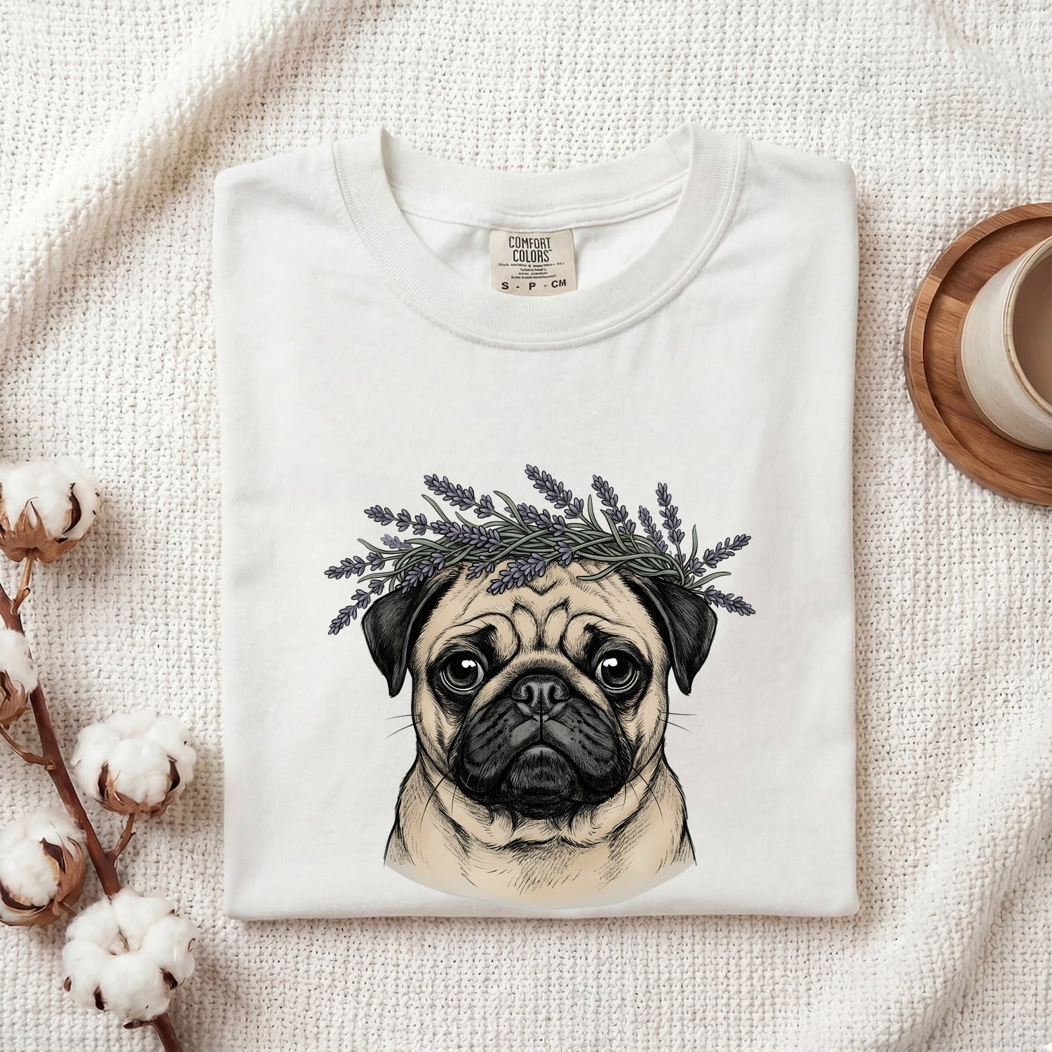 Pug Pet Shirt Dog Garden Gift Women Line Art Tee Dog T-Shirt Dog Fan Minimalist Graphic Illustration Drawing Classic Lavender Sprig Tshirt