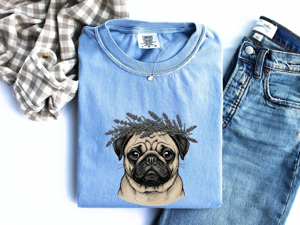 Pug Pet Shirt Dog Garden Gift Women Line Art Tee Dog T-Shirt Dog Fan Minimalist Graphic Illustration Drawing Classic Lavender Sprig Tshirt