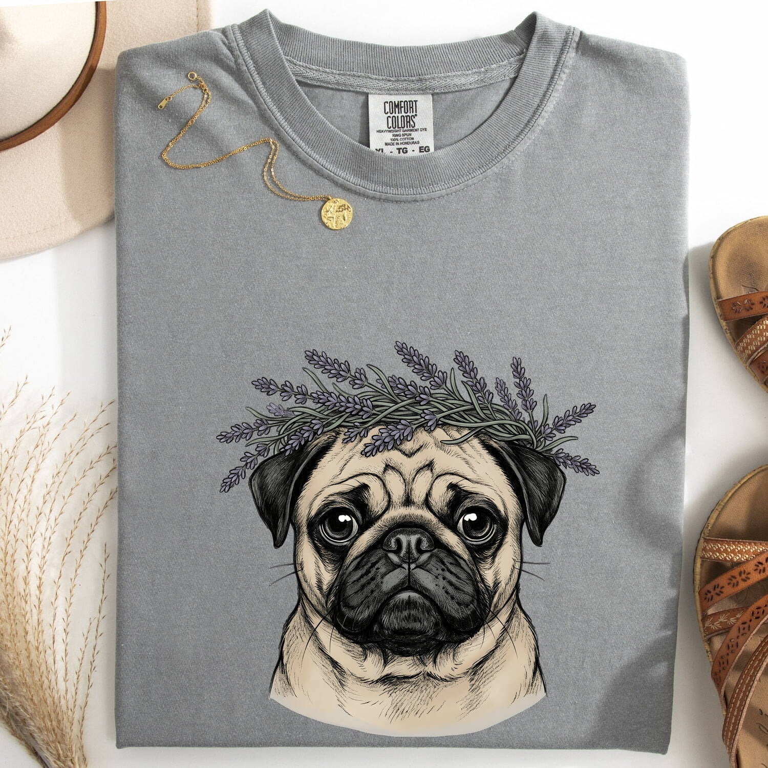 Pug Pet Shirt Dog Garden Gift Women Line Art Tee Dog T-Shirt Dog Fan Minimalist Graphic Illustration Drawing Classic Lavender Sprig Tshirt