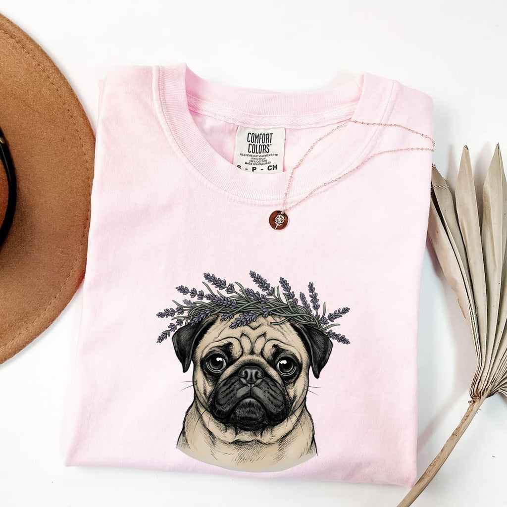 Pug Pet Shirt Dog Garden Gift Women Line Art Tee Dog T-Shirt Dog Fan Minimalist Graphic Illustration Drawing Classic Lavender Sprig Tshirt