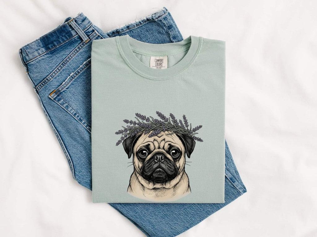 Pug Pet Shirt Dog Garden Gift Women Line Art Tee Dog T-Shirt Dog Fan Minimalist Graphic Illustration Drawing Classic Lavender Sprig Tshirt