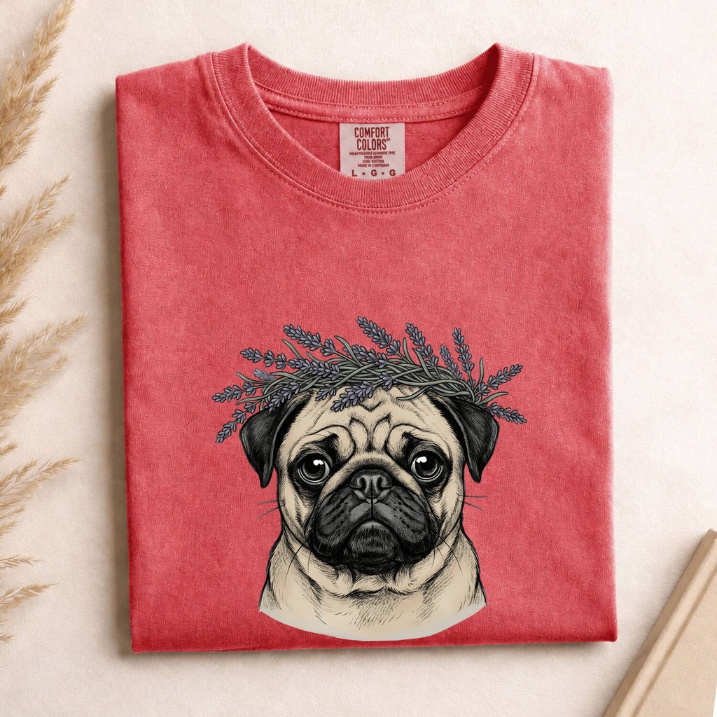 Pug Pet Shirt Dog Garden Gift Women Line Art Tee Dog T-Shirt Dog Fan Minimalist Graphic Illustration Drawing Classic Lavender Sprig Tshirt