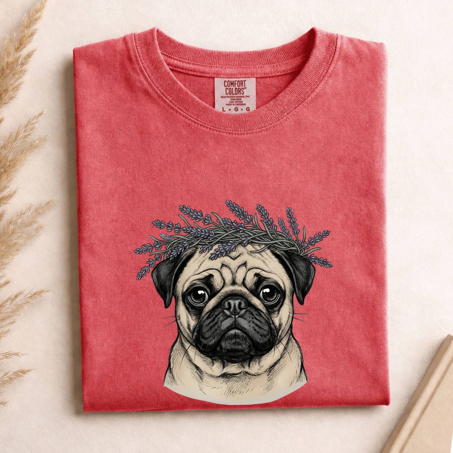 Pug Pet Shirt Dog Garden Gift Women Line Art Tee Dog T-Shirt Dog Fan Minimalist Graphic Illustration Drawing Classic Lavender Sprig Tshirt