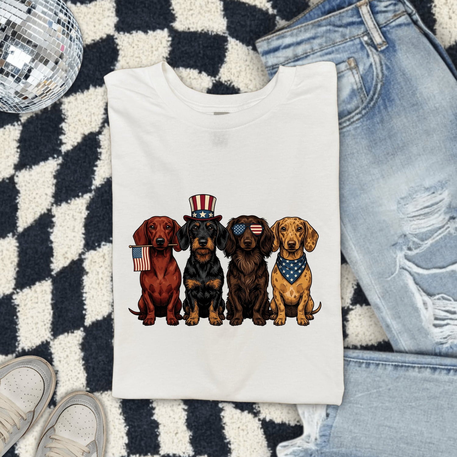 Miniature Dachshunds Shirt America Pet Supplies Gift Women Old School Tee Wiener Dog T-Shirt Patriot Fan Vintage Tshirt Dog Accessories