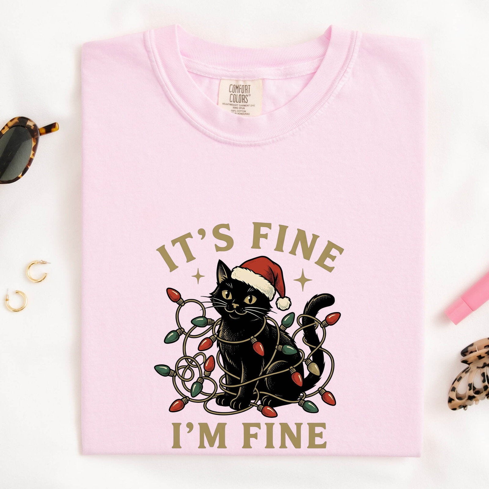 Black Kitten Shirt Christmas Pet Gift Women Retro Tee Kitten T-Shirt Xmas Fan Cat Graphic Cat Illustration Sketch Holiday Lights Tshirt