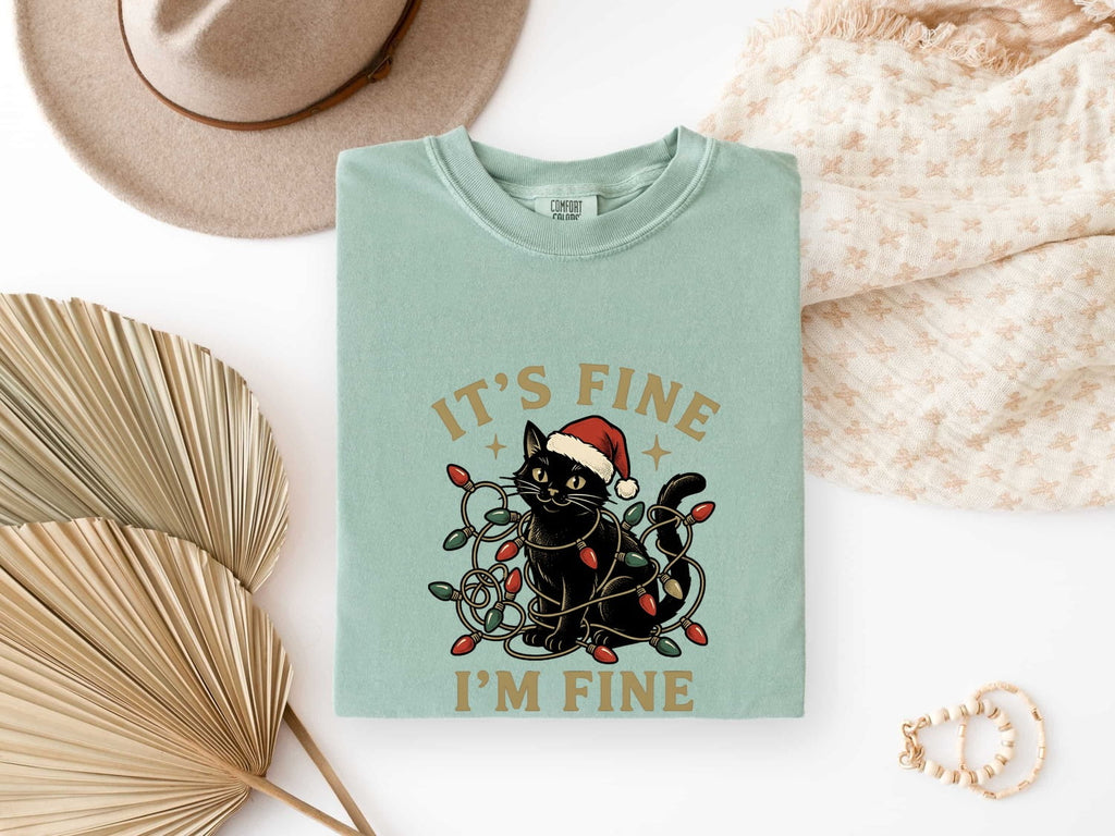 Black Kitten Shirt Christmas Pet Gift Women Retro Tee Kitten T-Shirt Xmas Fan Cat Graphic Cat Illustration Sketch Holiday Lights Tshirt