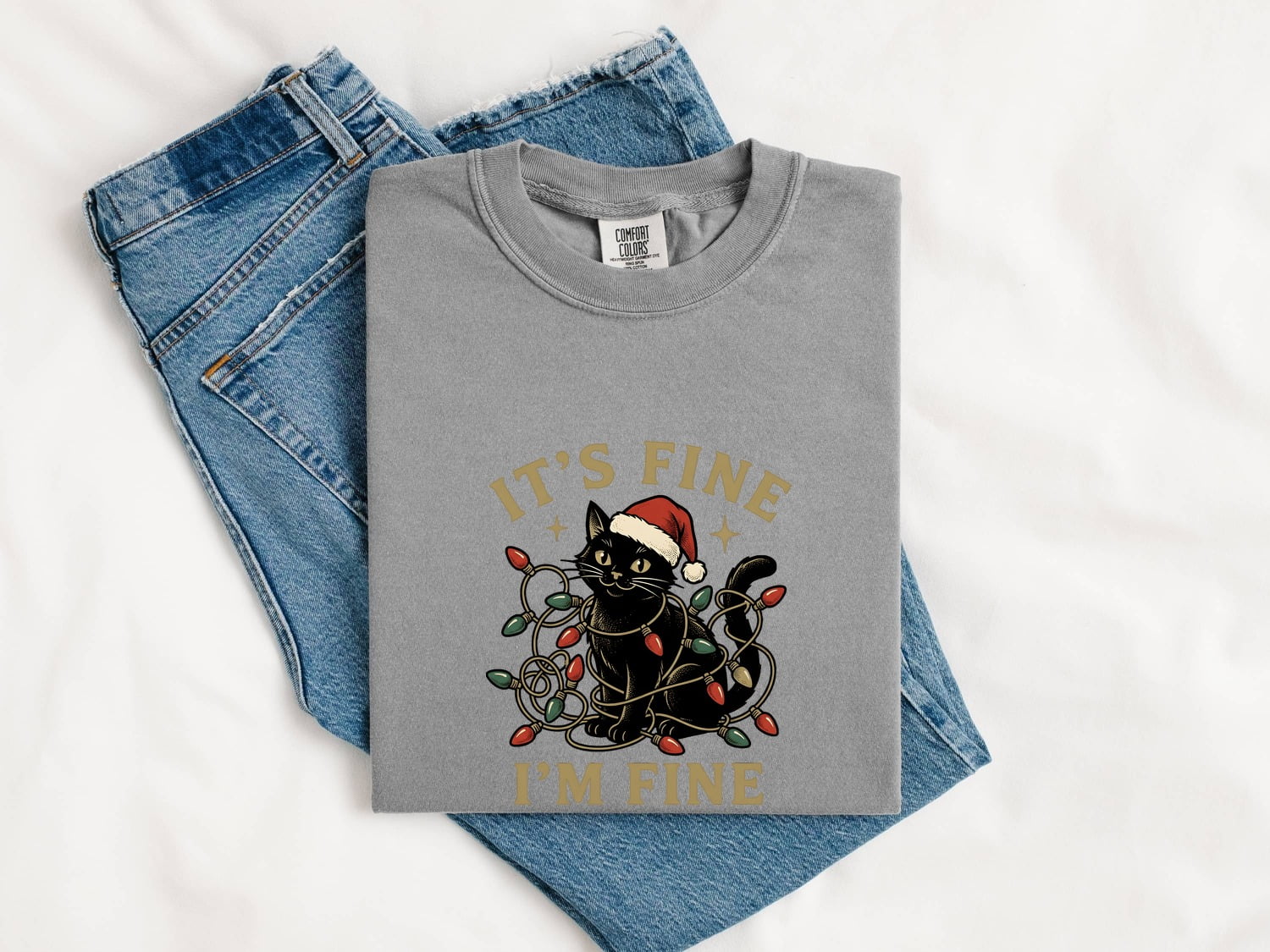 Black Kitten Shirt Christmas Pet Gift Women Retro Tee Kitten T-Shirt Xmas Fan Cat Graphic Cat Illustration Sketch Holiday Lights Tshirt