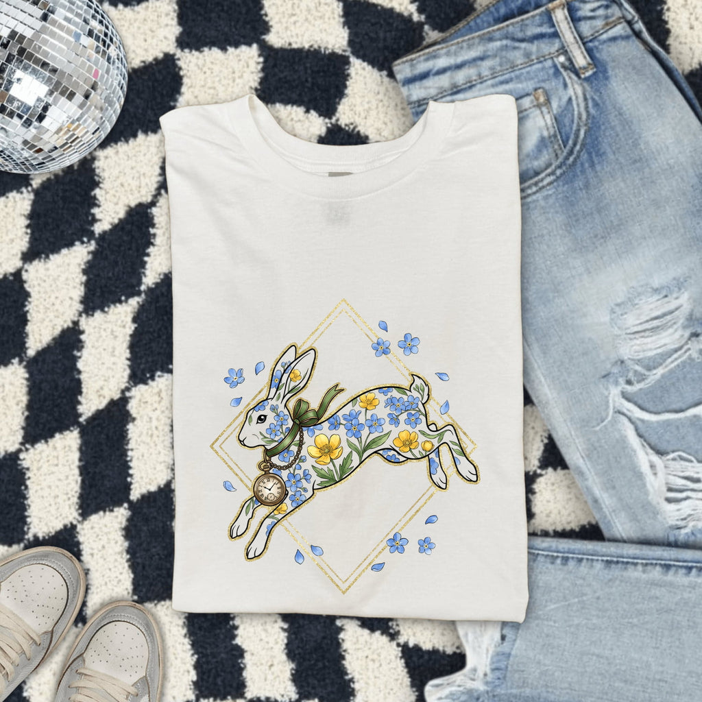 Flower Rabbit Shirt Easter Pet Gift Women Paint Tee Bunny T-Shirt Easter Fan Artistic Tshirt Animal Graphic Retro Watch Tshirt