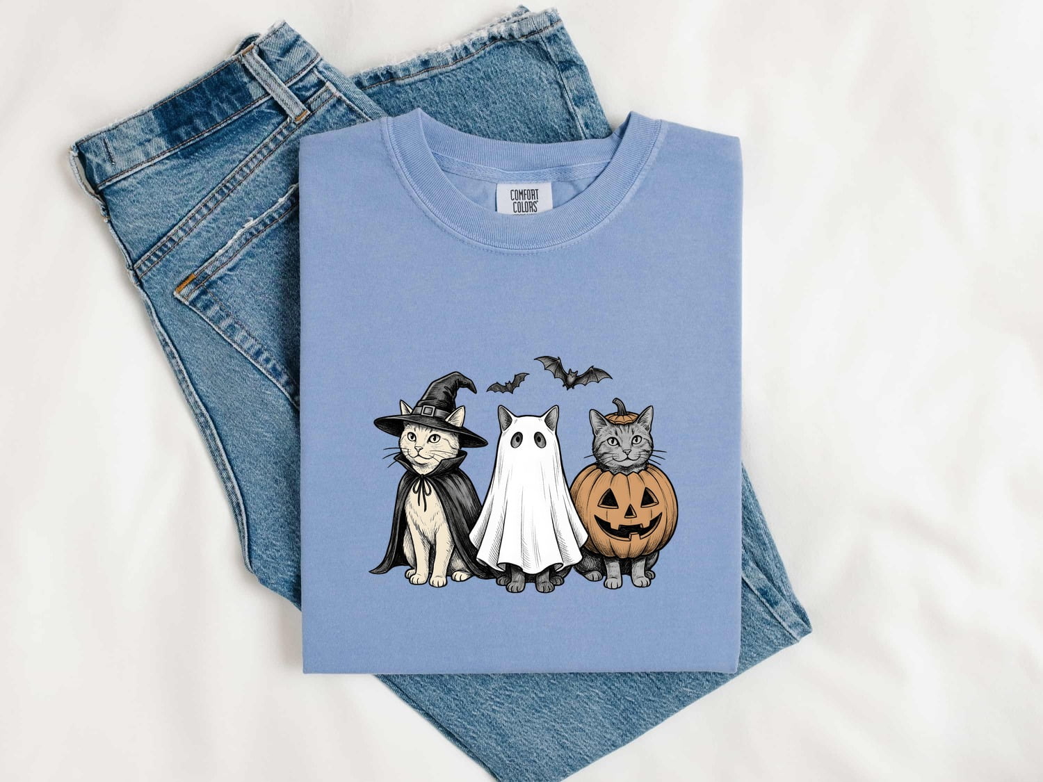 Kitty Outfit Shirt Halloween Pet Gift Women Sketch Tee Cat Costume T-Shirt Horror Fan Cat Illustration Graphic Retro Jack-O-Lantern Tshirt