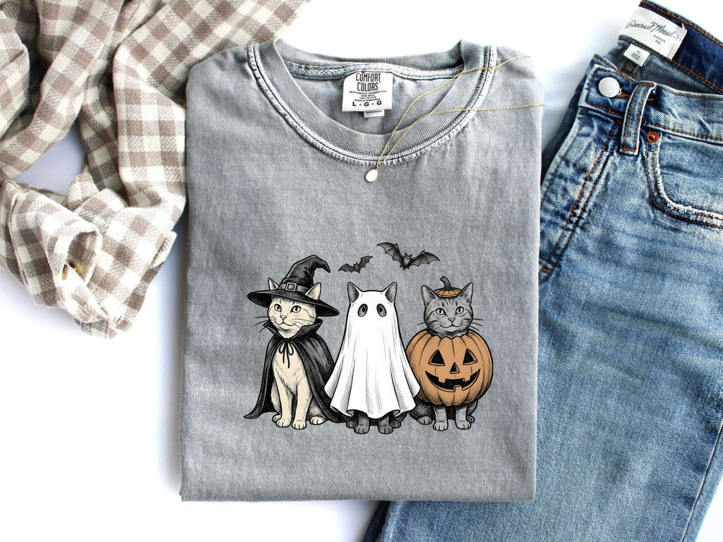 Kitty Outfit Shirt Halloween Pet Gift Women Sketch Tee Cat Costume T-Shirt Horror Fan Cat Illustration Graphic Retro Jack-O-Lantern Tshirt