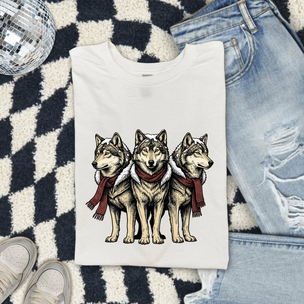 Wolf Group Shirt Christmas Pet Gift Women Line Art Tee Wolf Pack T-Shirt Xmas Fan Animal Graphic Holiday Tshirt