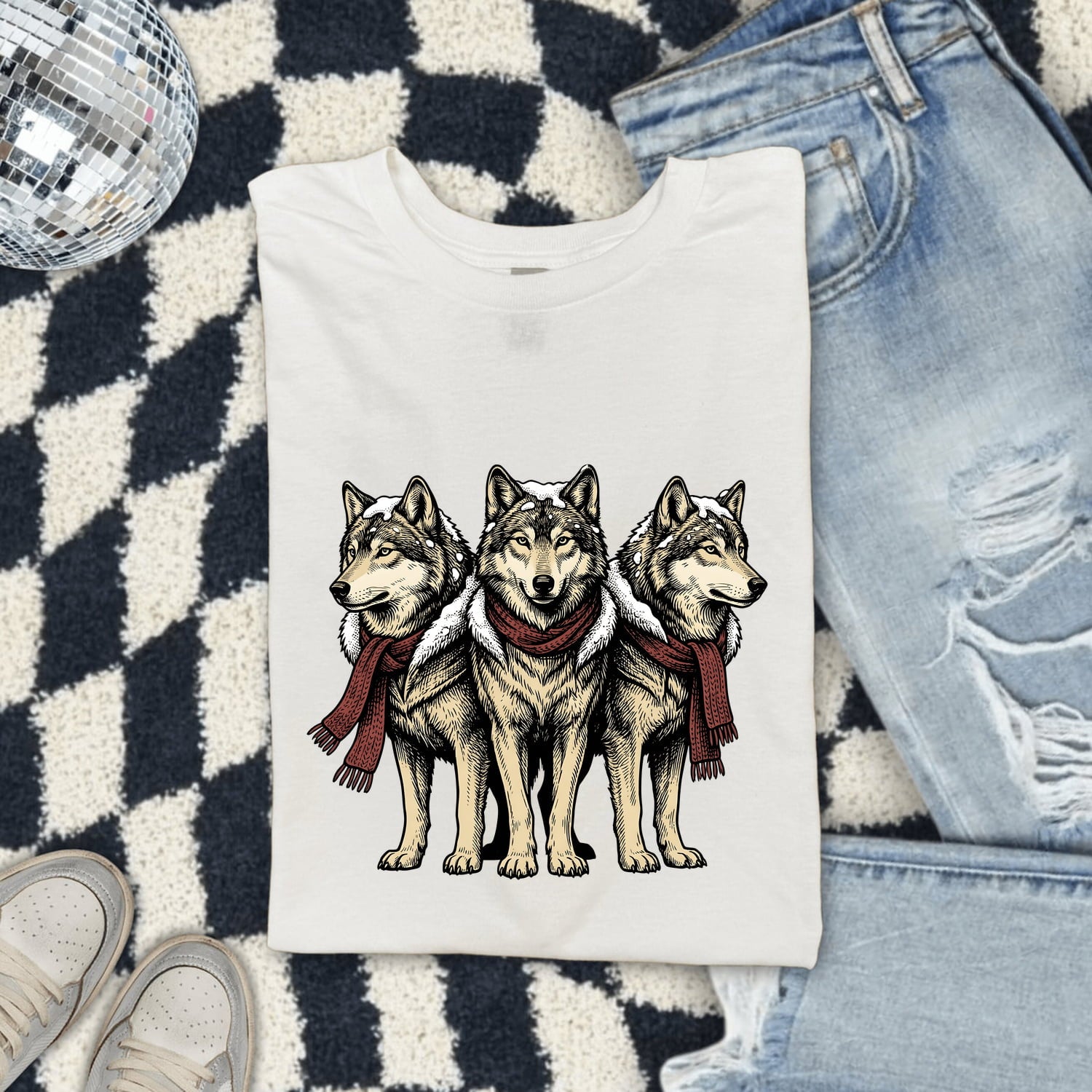 Wolf Group Shirt Christmas Pet Gift Women Line Art Tee Wolf Pack T-Shirt Xmas Fan Animal Graphic Holiday Tshirt