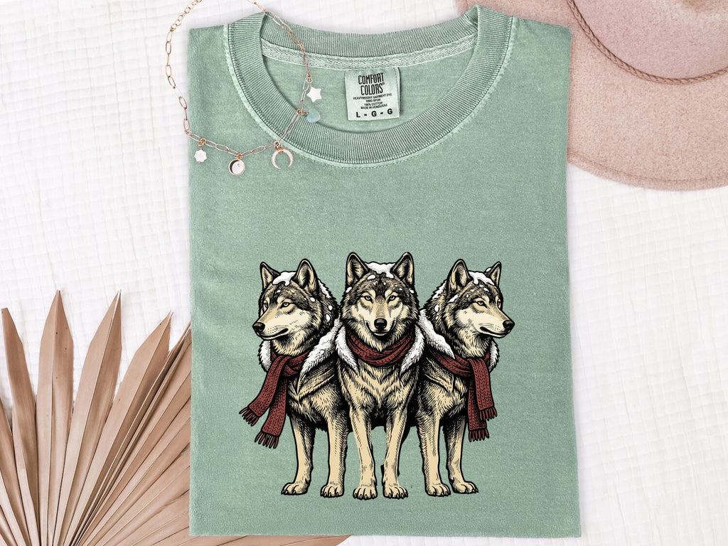 Wolf Group Shirt Christmas Pet Gift Women Line Art Tee Wolf Pack T-Shirt Xmas Fan Animal Graphic Holiday Tshirt