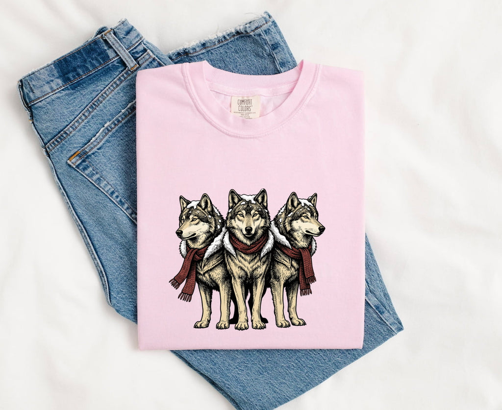Wolf Group Shirt Christmas Pet Gift Women Line Art Tee Wolf Pack T-Shirt Xmas Fan Animal Graphic Holiday Tshirt