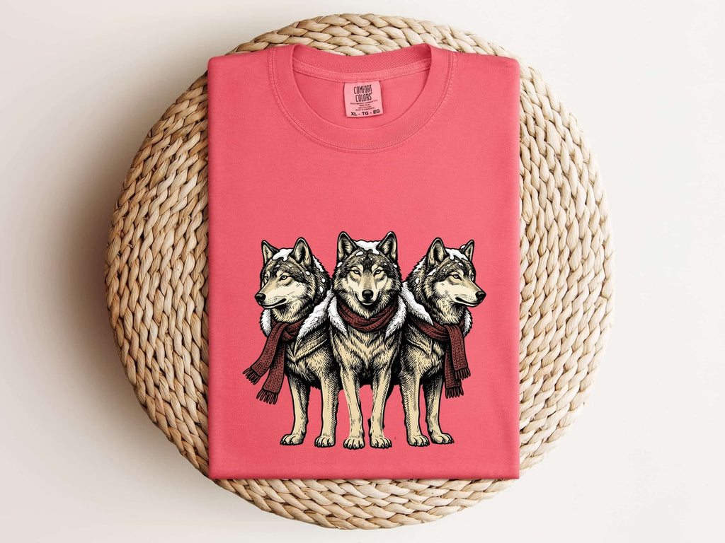 Wolf Group Shirt Christmas Pet Gift Women Line Art Tee Wolf Pack T-Shirt Xmas Fan Animal Graphic Holiday Tshirt