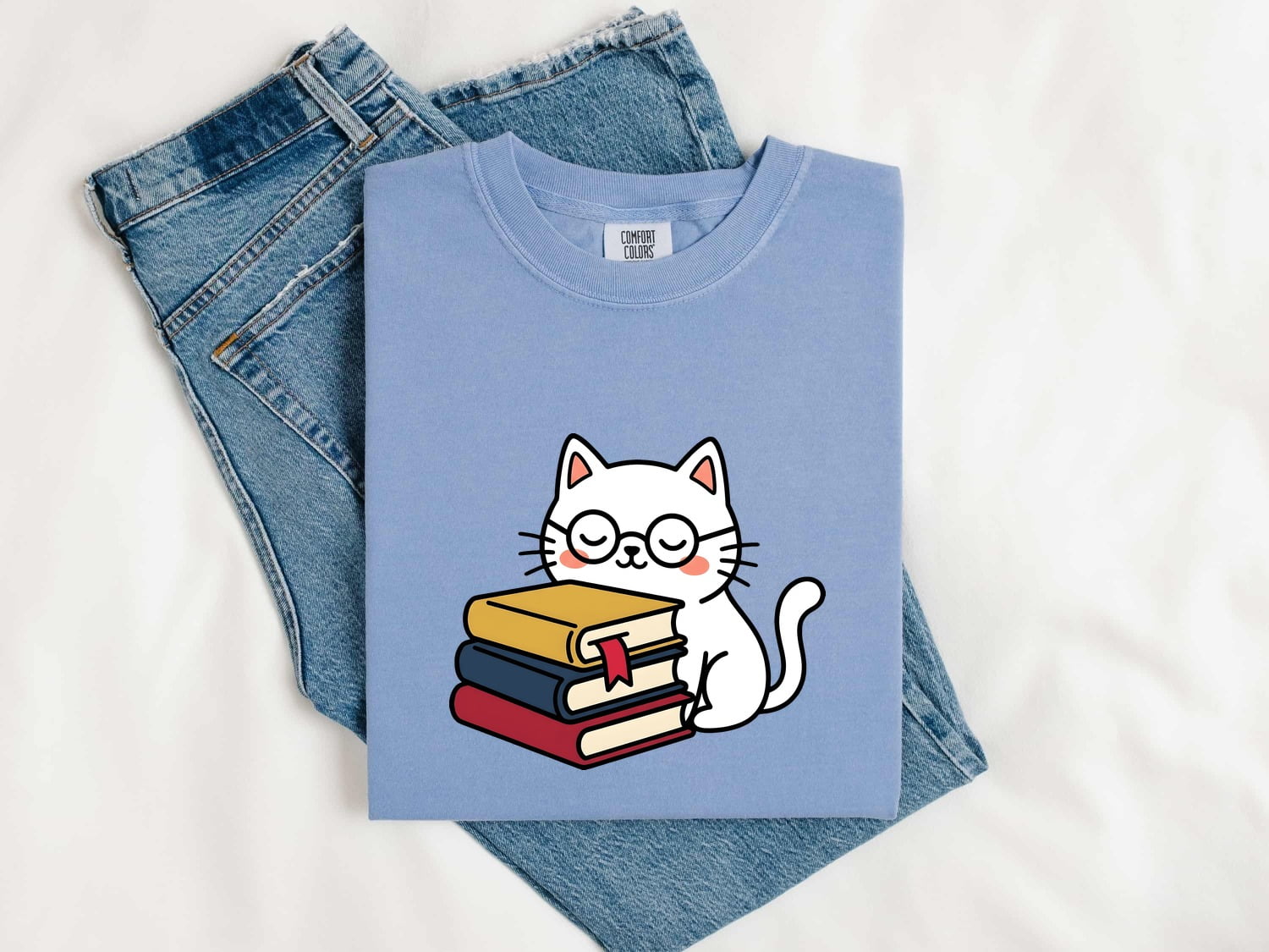 Cat Glasses Shirt Cat Bookworm Gift Women Kawaii Tee Spectacles T-Shirt Feline Fan Cute Tshirt Bibliophile Graphic Cartoon Books Tshirt