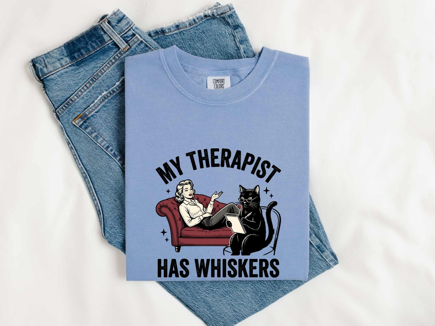 Cat Counselor Shirt Cat Funny Gift Women Retro Tee Therapist T-Shirt Cat Fan Feline Tshirt Humor Graphic Sketch Sofa Tshirt