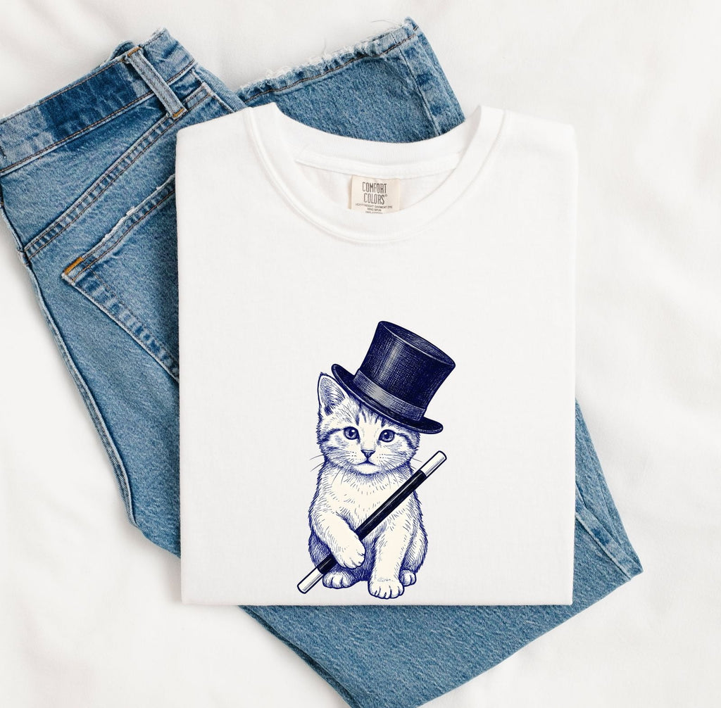 Cat Top Hat Shirt Cat Wizardry Gift Women Doodle Tee Feline T-Shirt Cat Fan Kitty Tshirt Magic Graphic Comic Wizard Stick Tshirt