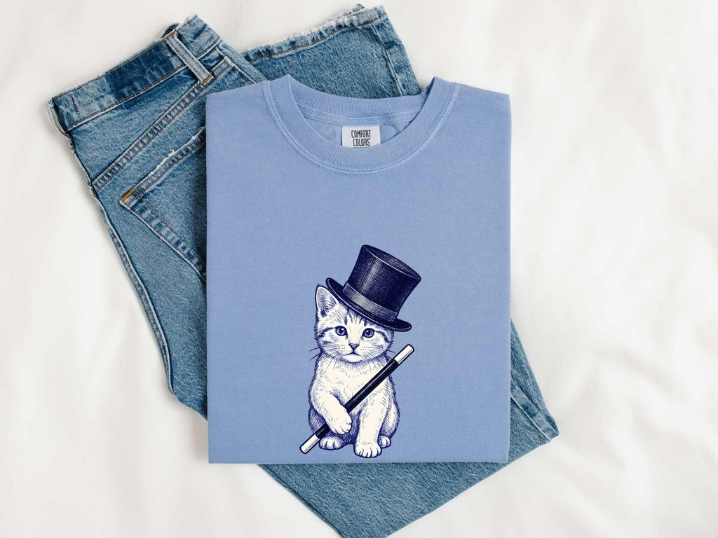 Cat Top Hat Shirt Cat Wizardry Gift Women Doodle Tee Feline T-Shirt Cat Fan Kitty Tshirt Magic Graphic Comic Wizard Stick Tshirt