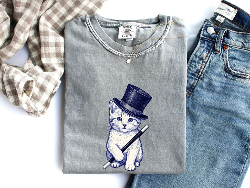 Cat Top Hat Shirt Cat Wizardry Gift Women Doodle Tee Feline T-Shirt Cat Fan Kitty Tshirt Magic Graphic Comic Wizard Stick Tshirt