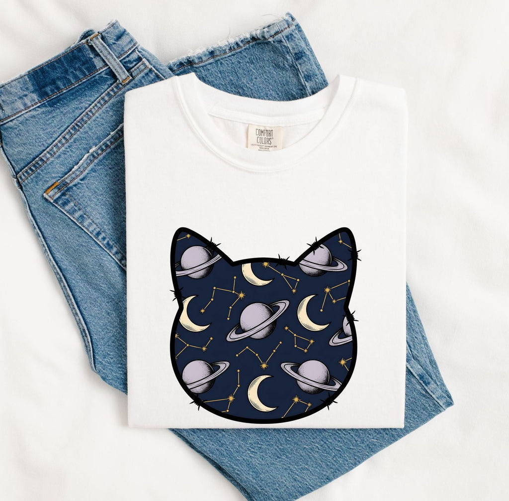 Cat Head Space Pattern Shirt Astrology Zodiac Gift Women Celestial Tee Kitty Face T-Shirt Horoscope Enthusiast Galaxy Tshirt Star Sign