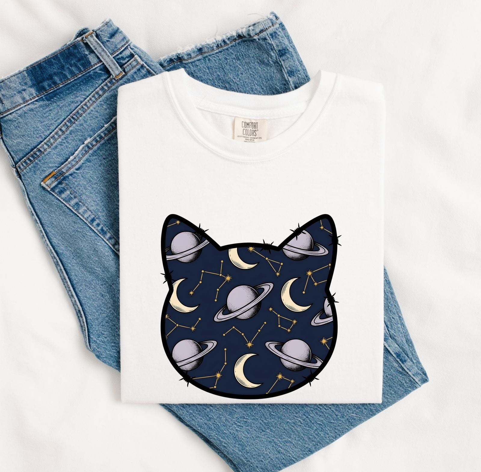 Cat Head Space Pattern Shirt Astrology Zodiac Gift Women Celestial Tee Kitty Face T-Shirt Horoscope Enthusiast Galaxy Tshirt Star Sign
