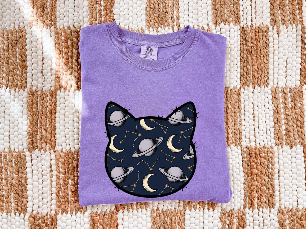 Cat Head Space Pattern Shirt Astrology Zodiac Gift Women Celestial Tee Kitty Face T-Shirt Horoscope Enthusiast Galaxy Tshirt Star Sign