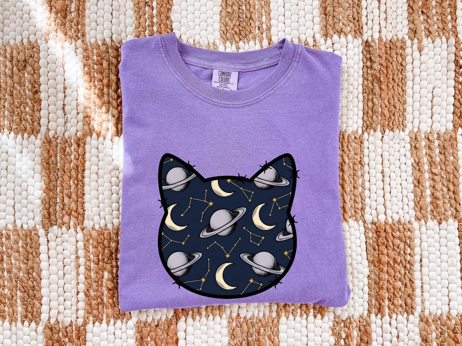 Cat Head Space Pattern Shirt Astrology Zodiac Gift Women Celestial Tee Kitty Face T-Shirt Horoscope Enthusiast Galaxy Tshirt Star Sign