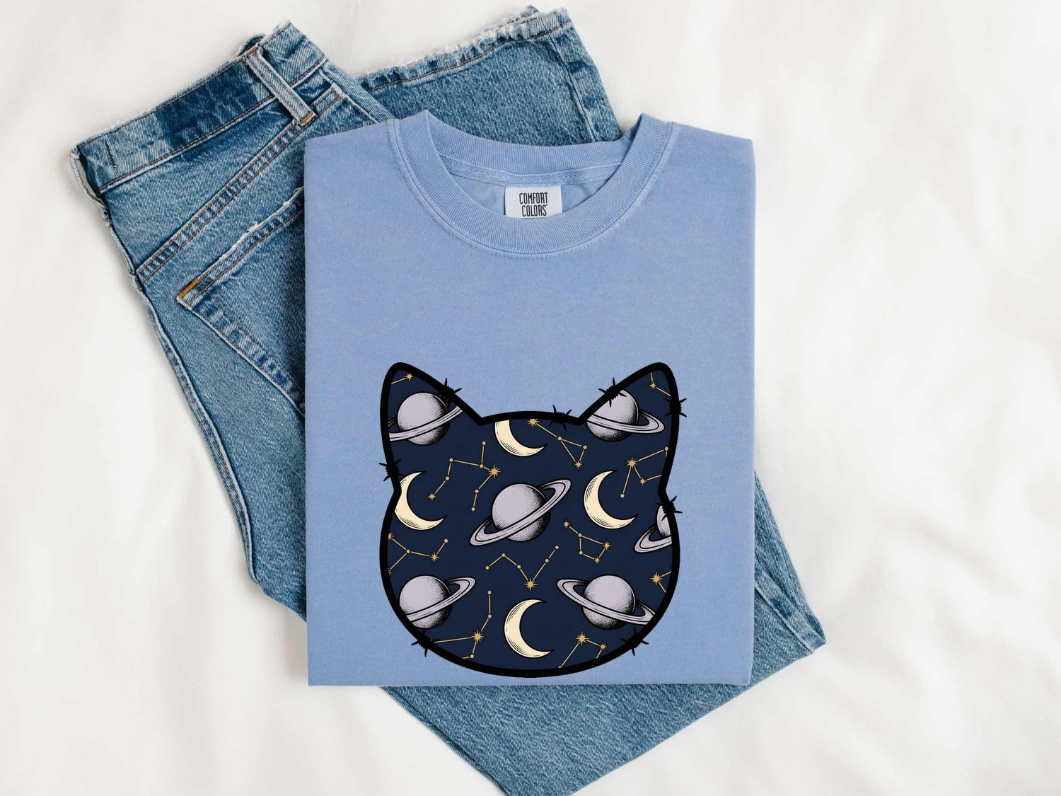 Cat Head Space Pattern Shirt Astrology Zodiac Gift Women Celestial Tee Kitty Face T-Shirt Horoscope Enthusiast Galaxy Tshirt Star Sign