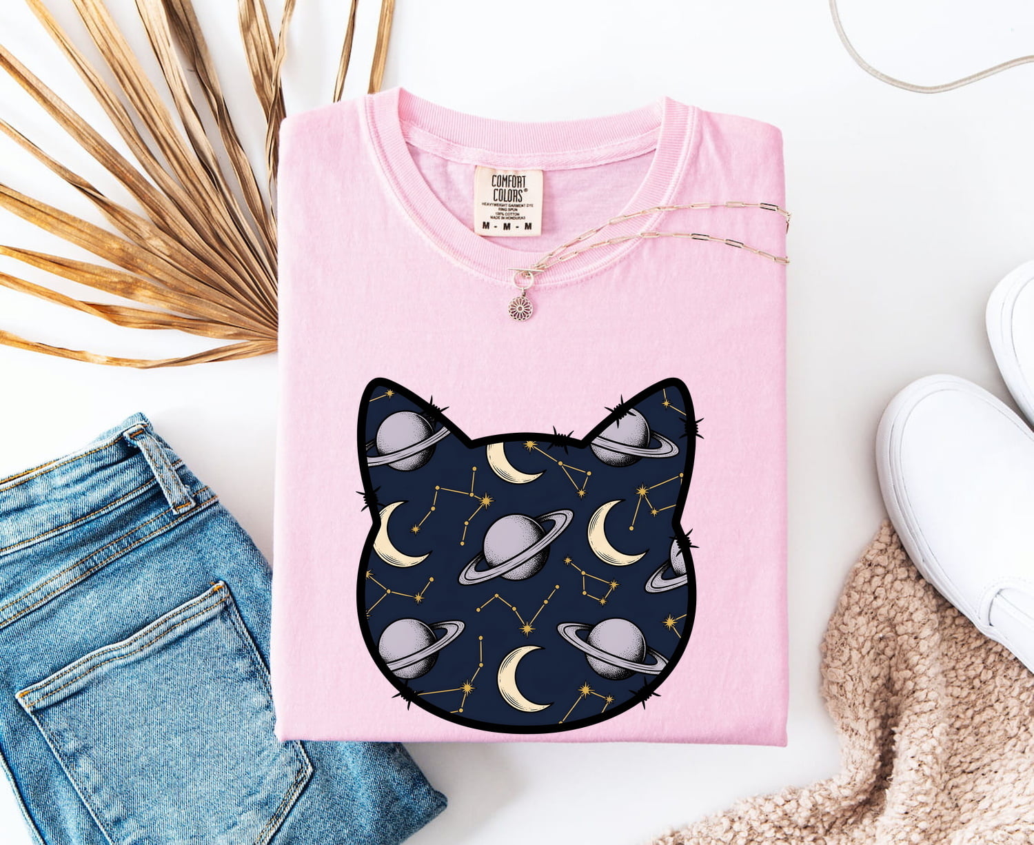 Cat Head Space Pattern Shirt Astrology Zodiac Gift Women Celestial Tee Kitty Face T-Shirt Horoscope Enthusiast Galaxy Tshirt Star Sign