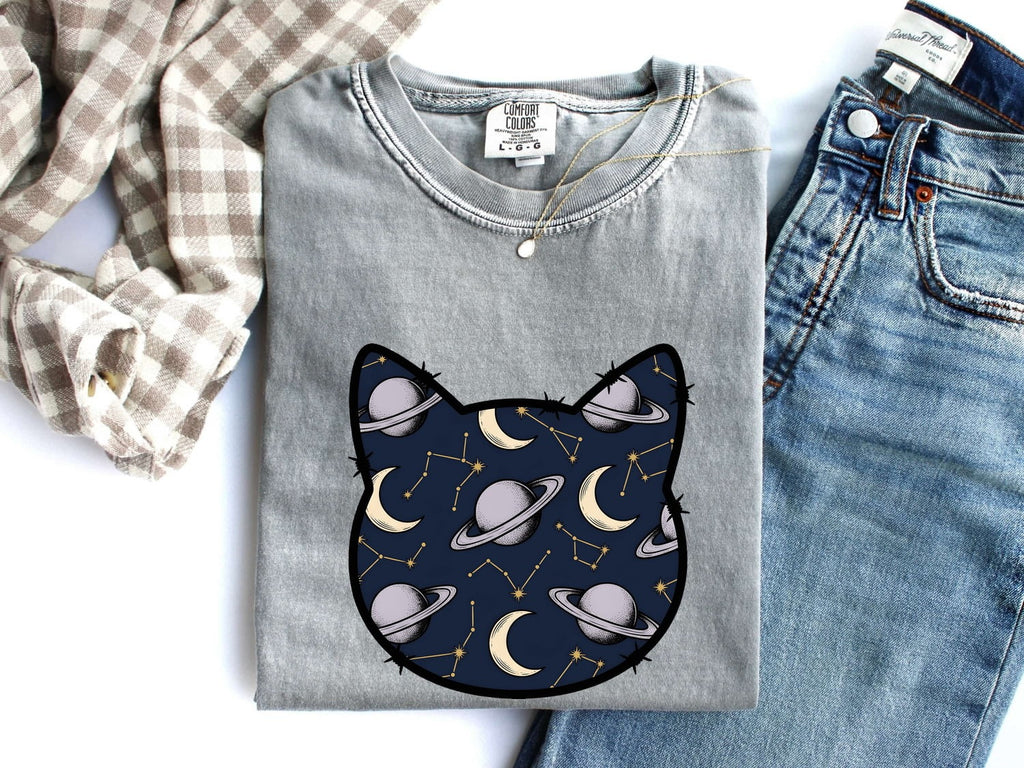 Cat Head Space Pattern Shirt Astrology Zodiac Gift Women Celestial Tee Kitty Face T-Shirt Horoscope Enthusiast Galaxy Tshirt Star Sign