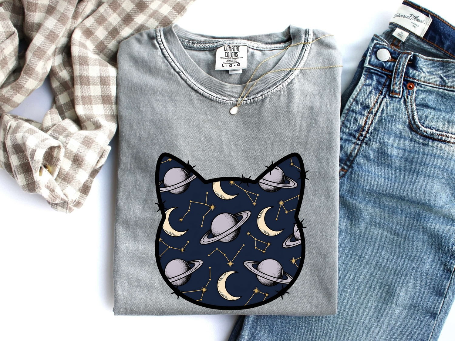 Cat Head Space Pattern Shirt Astrology Zodiac Gift Women Celestial Tee Kitty Face T-Shirt Horoscope Enthusiast Galaxy Tshirt Star Sign