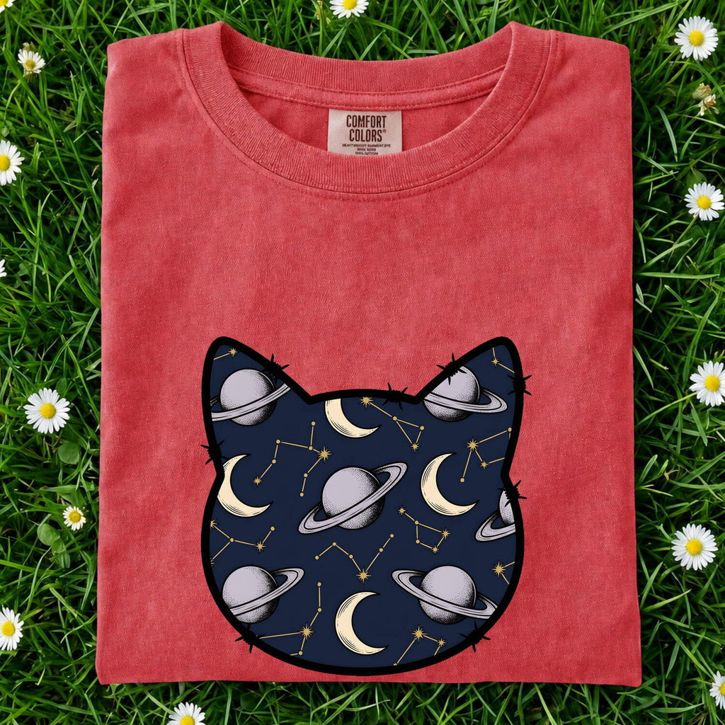 Cat Head Space Pattern Shirt Astrology Zodiac Gift Women Celestial Tee Kitty Face T-Shirt Horoscope Enthusiast Galaxy Tshirt Star Sign