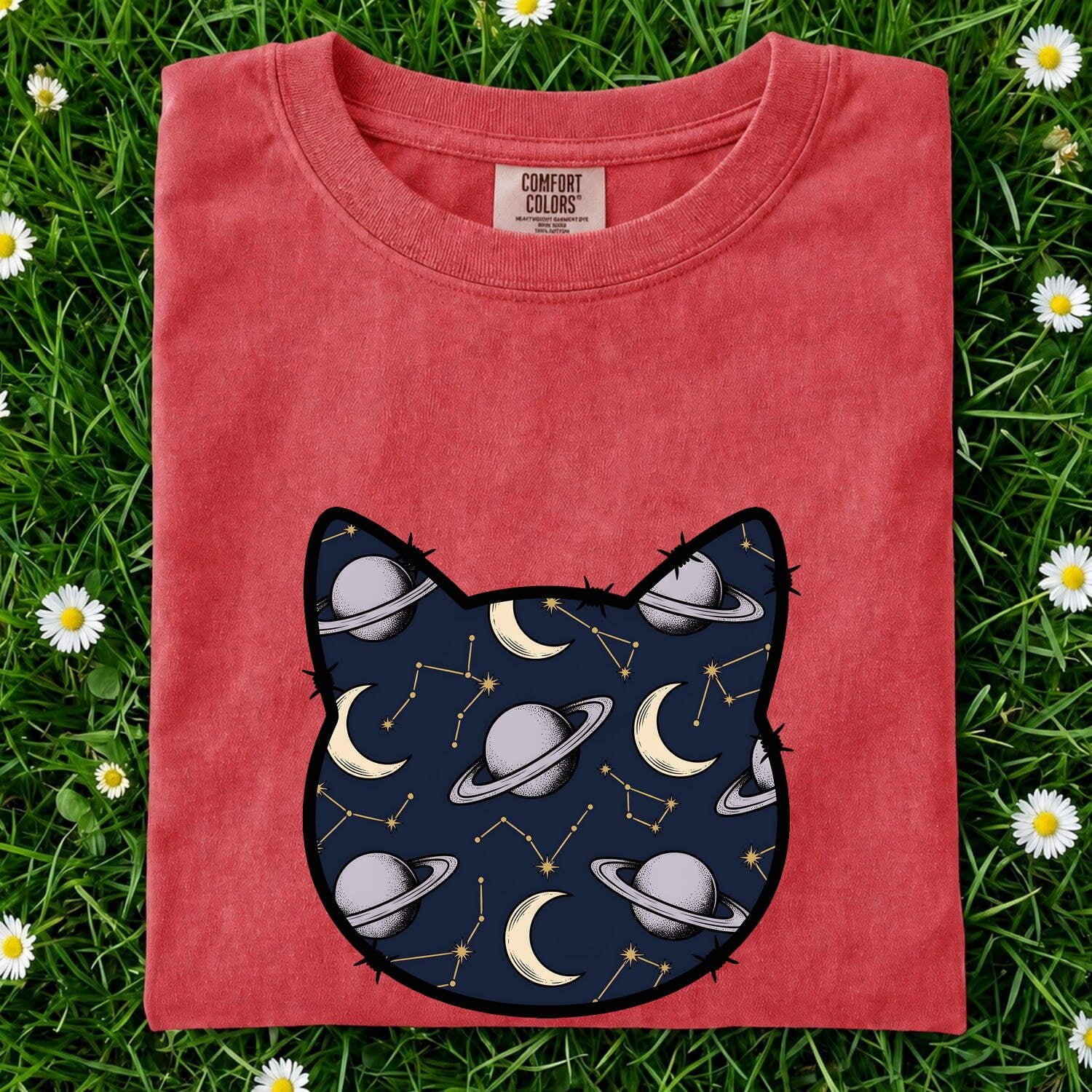 Cat Head Space Pattern Shirt Astrology Zodiac Gift Women Celestial Tee Kitty Face T-Shirt Horoscope Enthusiast Galaxy Tshirt Star Sign