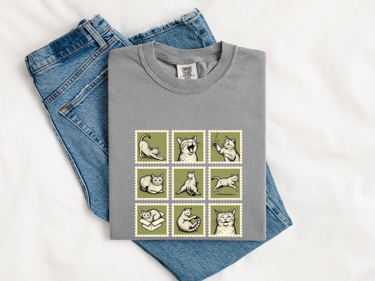 Cat Postage Shirt Cat Pet Gift Women Doodle Tee Stamp T-Shirt Cat Fan Feline Tshirt Animal Graphic Minimalist Crate Tshirt